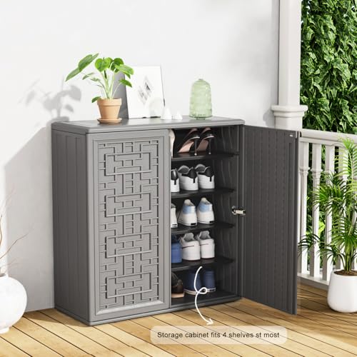 Image of KINYING Outdoor Storage Cabinet Waterproof, Resin 62 Gallon Deck Box for Patio Furniture Cushions, Garden Tools, Pool Tools and Kids' Toys (Grey with 1 Shelving)