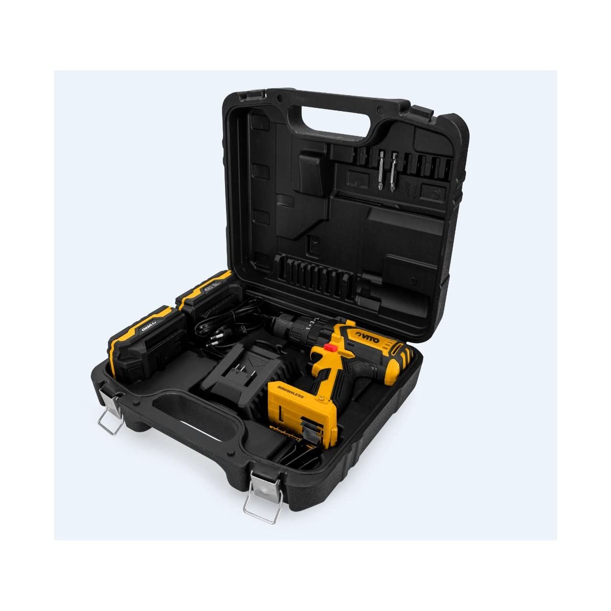 Taladro – Atornillador Brushless 20 V 2 Ah Li-ion VITO Power 2 baterías, cargador, caja accesorios