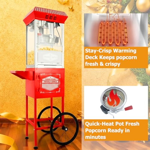 Image of Vintage Popcorn Machine with Cart & Wheels - 12 Oz Stainless Steel Kettle Makes 48 Cups, Portable Retro Cart for School, Church, Party, Carnival, Movie Theater, Concession & Home Use (Red)