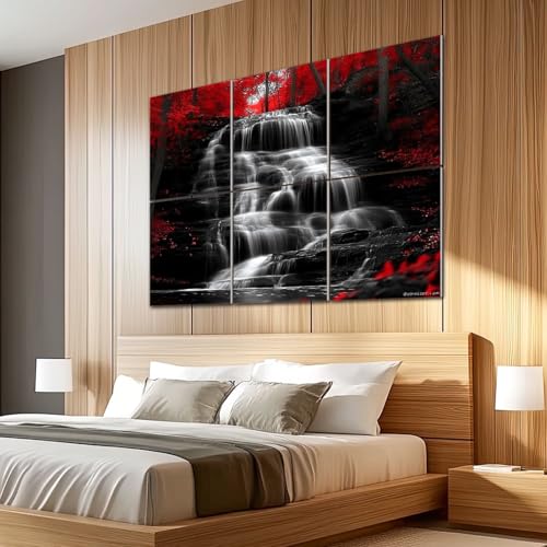6 Pack Paneles Acústicos Artísticos Absorbentes de Sonido en Negro, Blanco y Rojo con Diseño de Paisaje de Cascada y Bosque, Autoadhesivos, para Estudios de Grabación y Oficina, 72"x48" miniatura 5