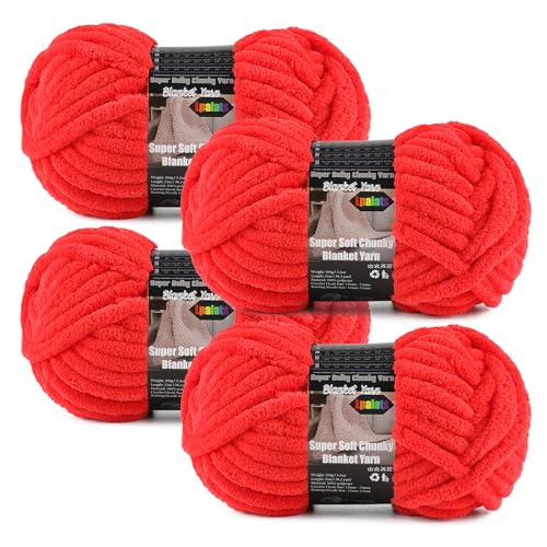 Lpalats Red Super Bulky Chunky Chenille Yarn - 4 Pack of 400g/14oz - 100% Polyester - 152 Yards - Soft Plush Thick Yarn for Knitting Crocheting & Quick Blanket Projects