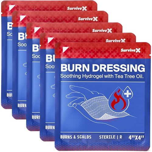SurviveX Hydrogel Burn Dressings with Tea Tree Oil - 4x4 Sterile Non-Stick Burn Pads - Emergency First Aid for Instant Cooling Soothing & Relief - 5 Pack