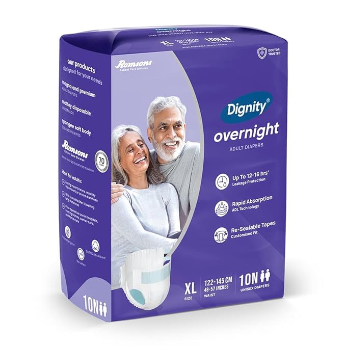 Image of DIGNITY Overnight Tape Style Adult Diapers - XL (20 Pieces) With Wetness Indicator and Leakage Protection Upto 12-16 Hrs.