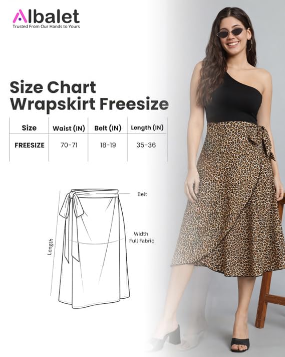 Image of Women's Floral & Animal Print Wrap Skirt - Midi Length A-Line Summer Skirt with Side Tie-Up, Tropical Cheetah Tiger Casual Beach Wear