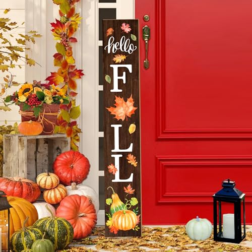Hello Fall Welcome Sign for Front Porch Standing, Wooden Porch Sign with Leaves for Front Door Decorations, Rustic Farmhouse Hanging Wall Sign for Harvest Thanksgiving Decor 47.2'H