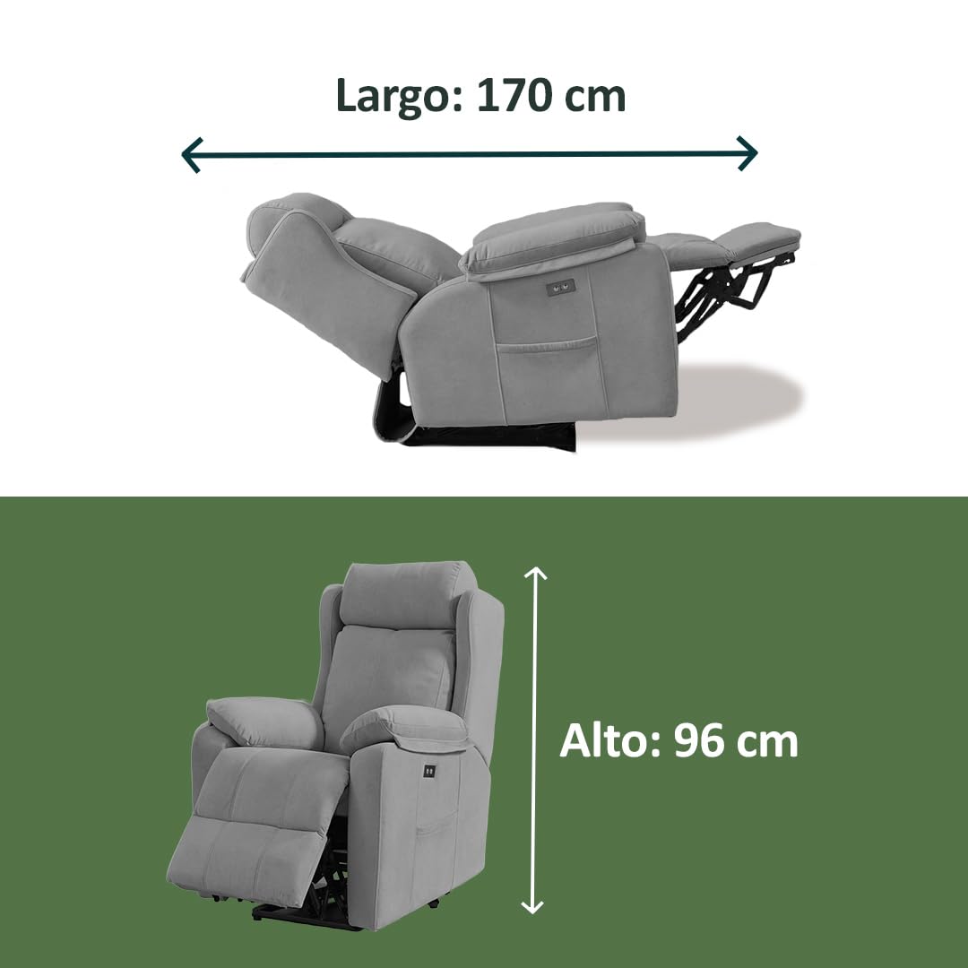 Genérico Sillon Relax Reclinable Electrico, Gravedad Cero | Desenfundable, Botonera Cromada con Puerto USB | Madera de Pino | Sillones Reclinables | Relax | Silla Sofa | Electrico Moderno | Gris
