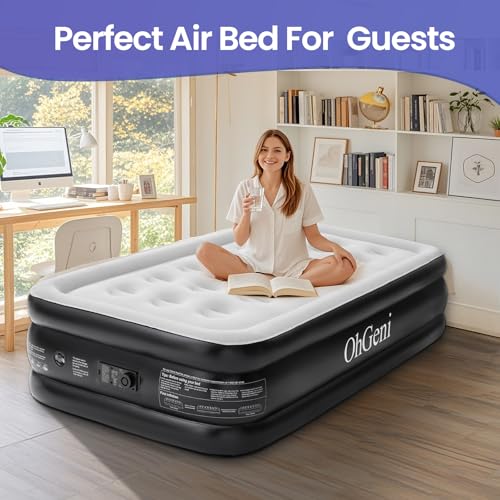 OhGeni Twin Air Mattress with Built in Pump for Guest, 18in Tall Colchon Inflables Blow Up Air Bed with Carrying Bag for Camping, Raised Elevated Double Airbed, Foldable & Portable Air Mattress, Black