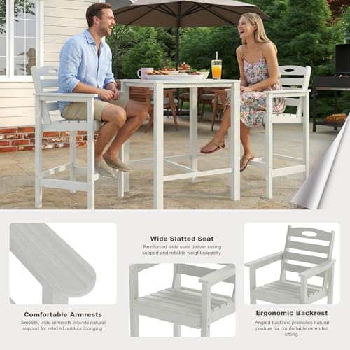 Image of Domi HDPE Adirondack Patio Table and Chairs Set of 3, Adirondack bar Height Outdoor Table and Chairs,All-Weather HDPE Outdoor Bar Set for Poolside,Patio,Backyard, White