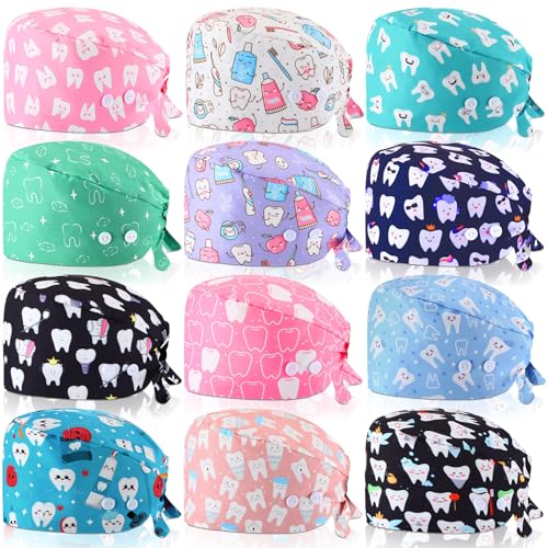 Unittype 12 Pcs Dental Caps for Women Adjustable Dentist Scrub Cap Elastic Nurse Hats Teeth Pattern Working Hats Bulk (Fresh Style)