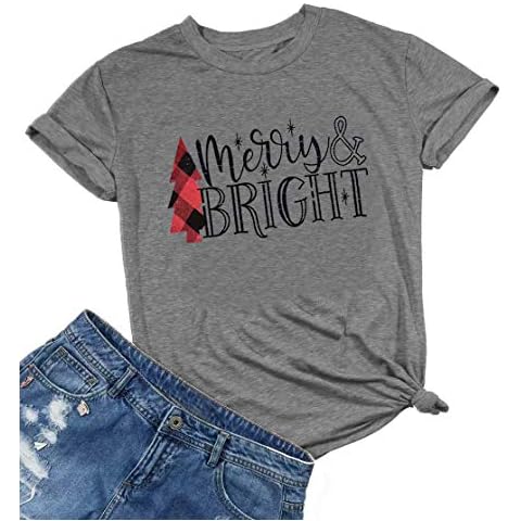 Plus Size Merry Bright Shirt Women Funny Christmas Tree Graphic Short Sleeve Tee Tops (Gray,3XL) Cover