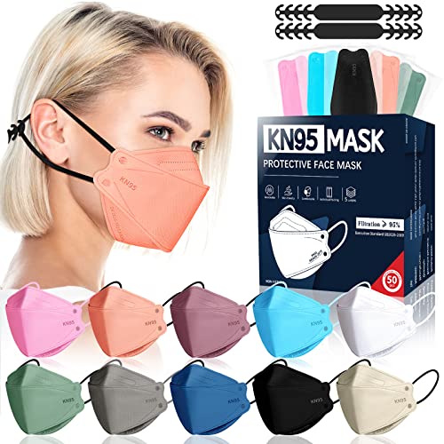 FENFEN KN95 Face Masks For Adults, 50 Pack In 10 Colors, Disposable 5-Layer Breathable Masks Individually Wrapped With Designs, Filter Efficiency 95%_desvips.com