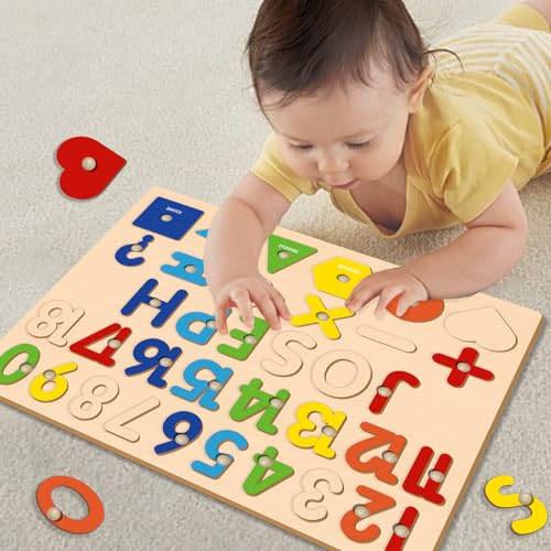 Image of Personalized Name Puzzle for Toddlers 1-3 Wooden Alphabet Shape Number, Montesorri Toys for 1 Year Old 2 3 4 5, Customized Baby Gifts 1st Birthday for Girls & Boys Preschool Educational