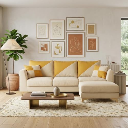 Image of Juliet 4 Seater L Shape Sofa Set with Movable Ottomans | Flexible Layout | Rich Velvet Suede Fabric | Silver Legs | Modern Sofa for Living Room (Cream)