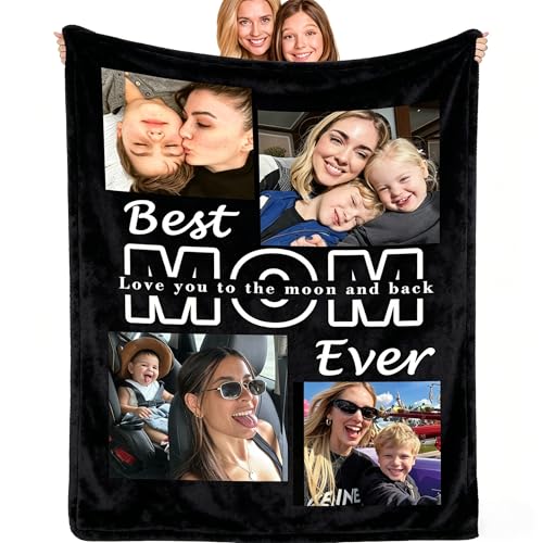 Custom Blanket with Picture Mom Birthday Gifts Customized Throw Blanket Personalized Soft Fleece Photo Blanket Best Mom Ever for Grandma Wife (4 Photos)