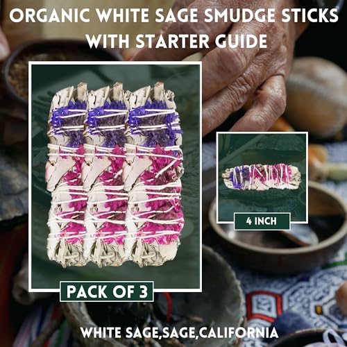 Soul Sticks 4 Inch 3 Pack Floral Blissful White Sage Smudge Sticks Bulk with Starter Guide - Thumbnail 2
