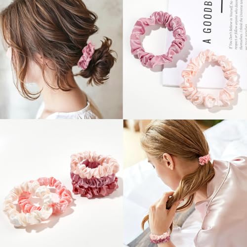 Image of Silk Hair Ties Satin Scrunchies - Small Mini Scrunchy for Women Thick Hair Accessories Cute Soft No Slip Hair Elastics Ponytail Holder for Curly Hair No Damage Hairties Gift for Girls