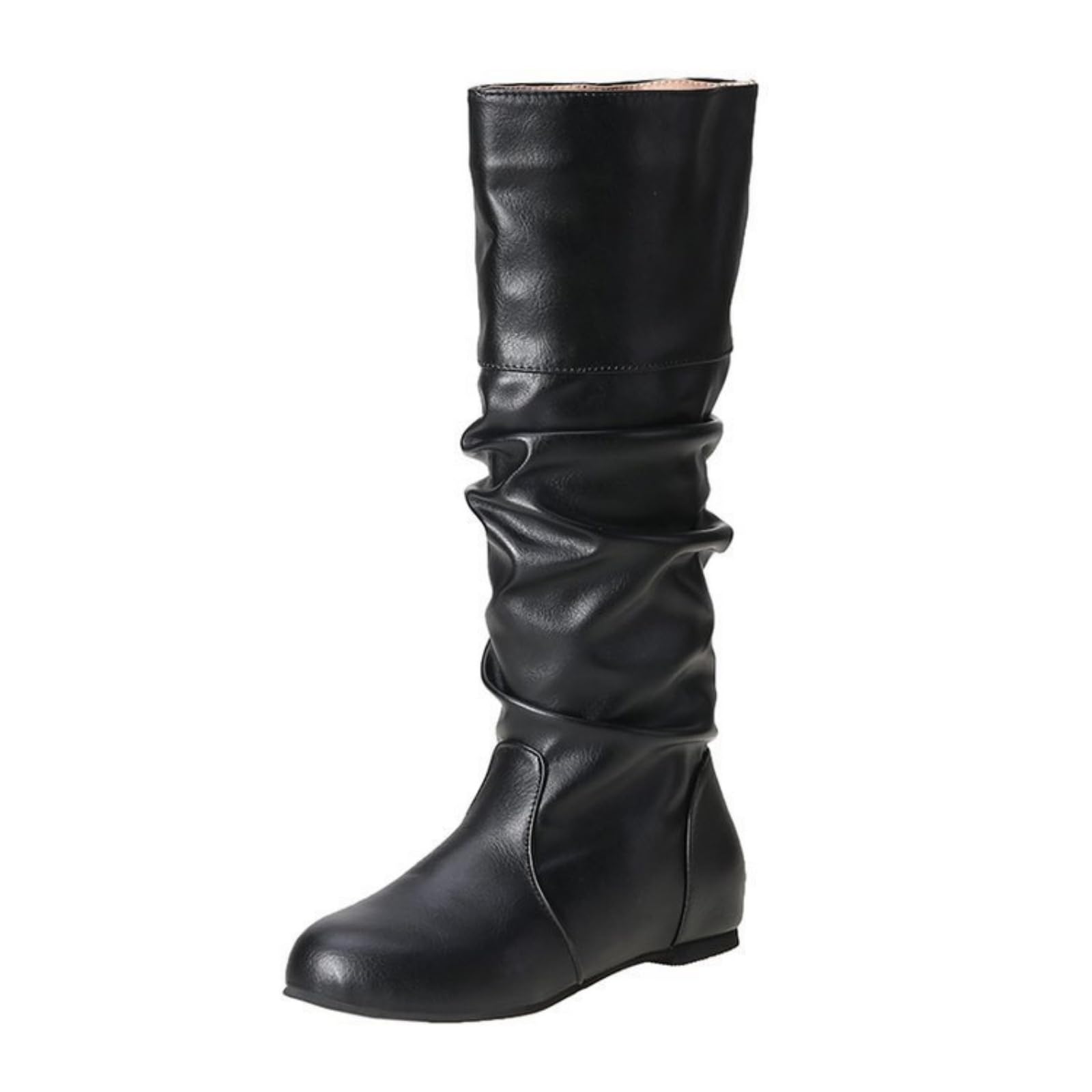 Womens Vintage Slouchy Flat Boots Comfort Round Toe Pull On Pirate Mid Calf Low Heel Boot Costume Medieval