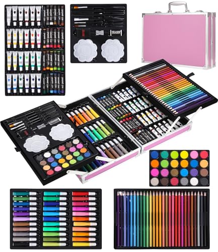 SOBEAU Maletin Pinturas, 144 Piezas Estuche Pinturas, Pintura Acrílica, Lápices de Colores, Pasteles, Kit Pintura Rosa