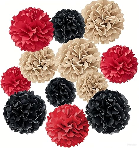 Image of Tissue Paper Pompoms Paper Flower 12 Pcs ，Gold Red and Black, Paper Flower Ball for Birthday Party Baby Shower Bridal Shower Celebration Party Decoration