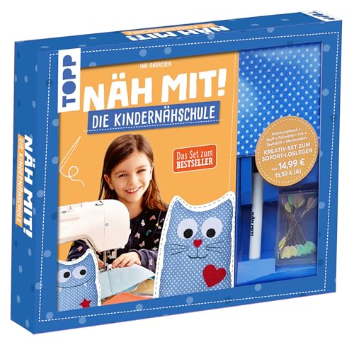Kreativ-Set: Näh mit! Die Kindernähschule: Buch (48 S., DIN A5, Softcover), Vorlagen, Urkunde Nähmaschinenführerschein, Stoff für ein Modell, Filz, Stecknadeln, Textilstift (Kreativ-Sets)