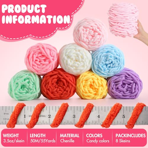 Image of Buryeah 8 Pack Chunky Chenille Yarn for Crocheting Soft Thick Fluffy Yarn for Hand Knitting Bulky Velvet Blanket Plush for Weaving DIY Crafts Each 3.5 oz 55 Yards (Candy Colors)