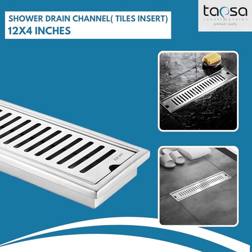 Image of Tapsa Wave Floor Drain Channel Chrome| 304 Stainless Steel | Invisible Shower Drain Channel | 12 x 4 Inches | Waste Water Floor Drain for 30x10 mm Tile | Drainer Channel | Anti Cockroach Trap | Silver