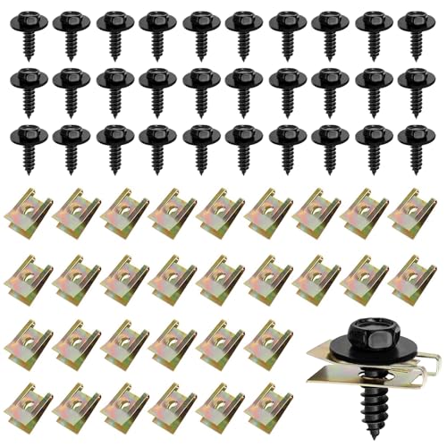 IETWATE 60PCS Screw and Nut Clip Kit, 30 Auto Body Fender Screws and 30 Bumper Guard Plate Fixing Bolts, U Type Fastener Clip with Hexagon Self Drilling Screw for Car Wheel Arch Cover Undertray Fender
