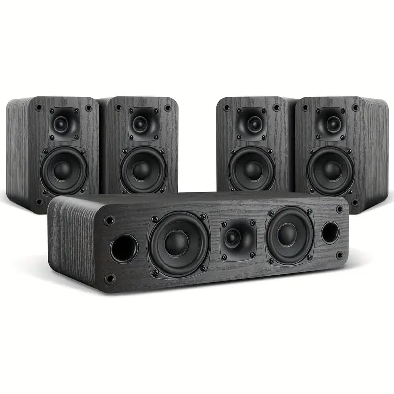 5.0 Home Theater Surround Sound System, 100W HiFi Speakers with Wood Grain Finish, 4 Satellite Speakers and Center Channel