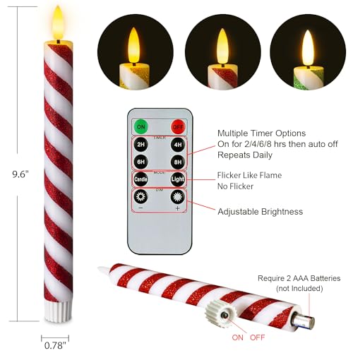 Image of Homemory Waxy Spiral Glitter Flameless Taper Candles with Remote, Timer, Dimmer, Battery Operated CandleSticks with Flickering Light, Led Window Candles for Christmas Decoration 6 Pcs, 9.6 Inches