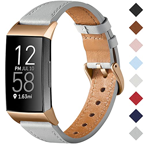 CeMiKa Strap Compatible with Fitbit Charge 4 Strap/Fitbit Charge 3 Strap, Genuine Leather Strap Replacement Wristband for Charge 3/Charge 4 Tracker, Grey/Rose Gold