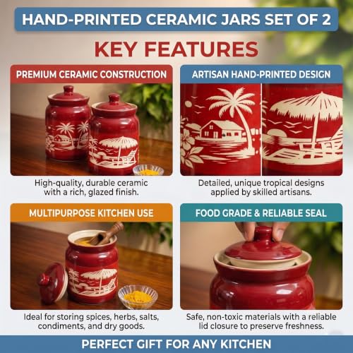 Image of D'Maiolica Pickle Jars in 1000ml (set of 2) | Handpainted Floral Pattern 1 kg Achaar Martban | Ceramic Container Set for Kitchen Storage (Pack of 2) (Heritage Red Oasis)