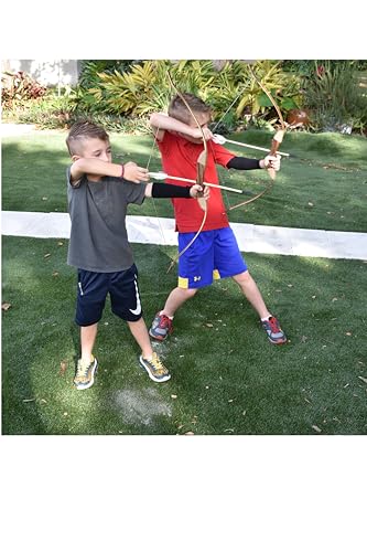 FSFF Enhanced Wooden Bow and Arrow for Kids 2-Bows 2-Four Arrow quivers 16-Arrows w/ Feathers 10-Large Targets & 2-armguards Great Archery Set for Youth boy / Girl Beginner Archery Set for Kids