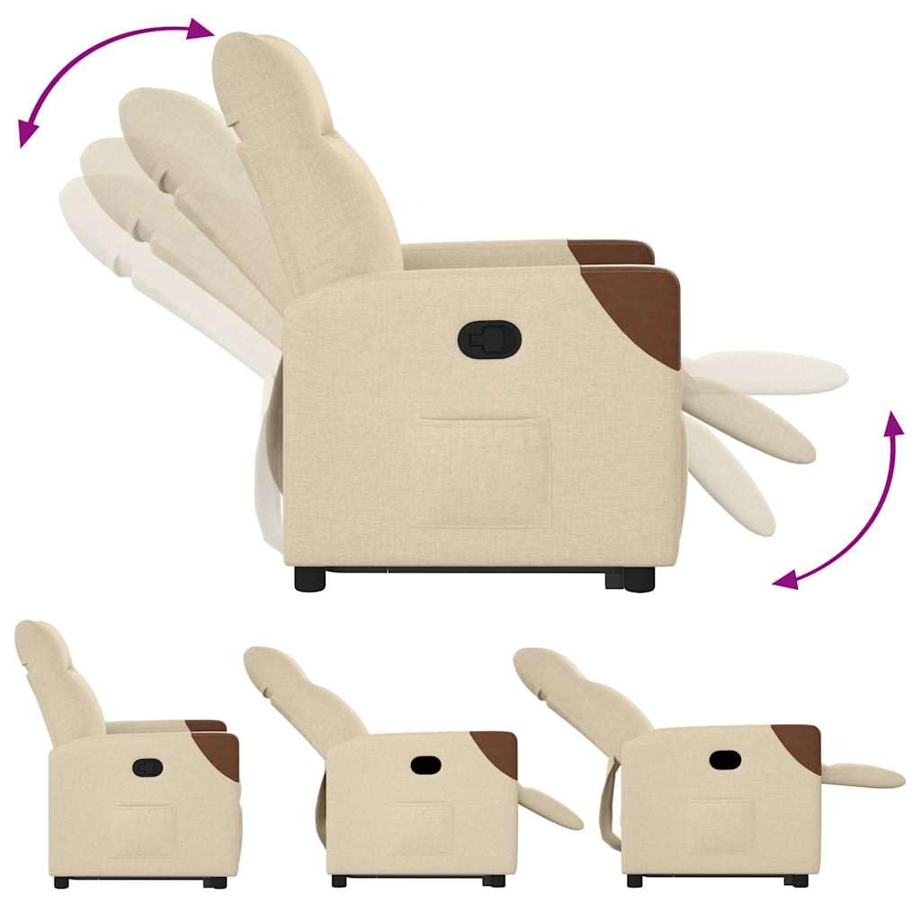 Sillón elevador eléctrico reclinable de tela color crema con función de elevación automática y reclinación manual a 135 grados, estructura estable de madera y metal, bolsillo