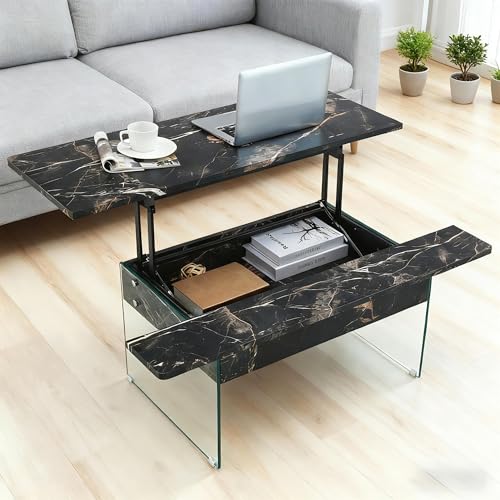 Casaphoria Modern Lift-Top Coffee Table with Storage 43.3 Inch, Black Marble-Finish & Tempered Glass Center Table for Living Room Office