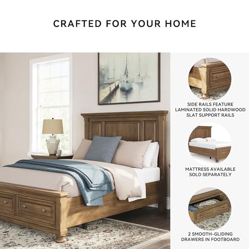 Image of Signature Design by Ashley Queen Panel Storage Bed Frame, Chestnut Brown | Poplar solids pine veneer and MDF substrate, 2 footboard drawers for space-saving storage, Glarrison Series