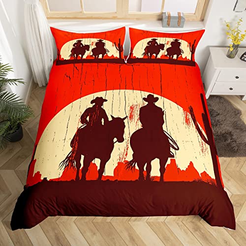 Loussiesd Western Decor Bedding Set Wild West Cowboy Comforter Cover for Kids Boys Children Rodeo Cowboy Style Duvet Cover Ultra Soft Grunge Design Decor Double Size