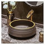 Fregadero de cerámica rústico, fregadero redondo de porcelana para baño con grifo y desagüe emergente