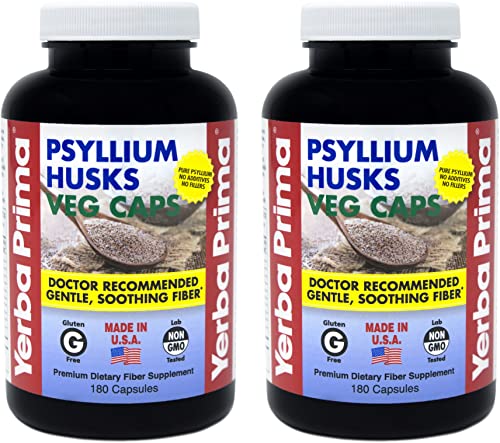 Yerba Prima Psyllium Husks Veg Caps - 180 Count (2 Pack) (625Mg) - Vegan, Non-Gmo, Gluten Free, Colon Cleanser, Daily Fiber Supplement For Gut Health & Regularity #TOP2