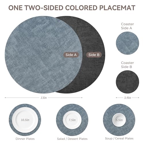 Image of 13 inch Round Placemats Set of 4, NCUE Dual-Sided Faux Leather Heat Resistant Table Mats, Waterproof Oilproof Washable Protective Table Placemats with Coaster, Wipeable Vinyl for Indoor & Outdoor Use