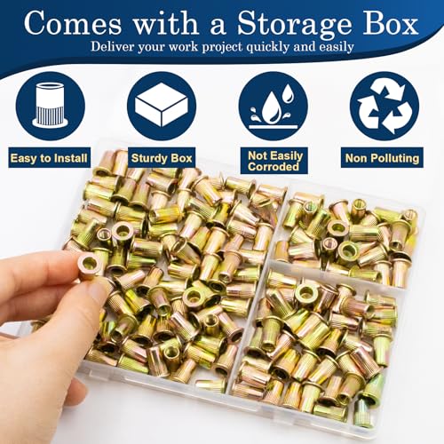 Image of 160Pcs M5 Rivet Nuts, Metric Zinc Plated Finish Carbon Steel Flat Head Threaded Insert Nutsert Kit