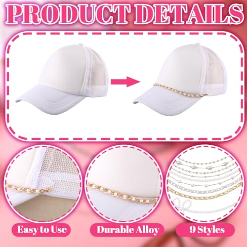 Image of Geyoga 9 Pcs Trucker Hat Chains Trucker Hat Charms Women Man Bill Decoration Detachable DIY Metal Chain for Mesh Baseball Cap(Gold White,Pearl)