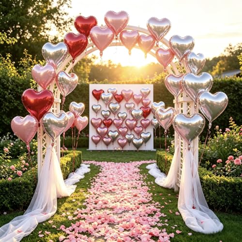Image of 50 Pcs Red Pink Silver Rosered Heart Balloons,5 Inch and 10 Inch Heart Foil Balloons Love Balloon Valentine Balloon for Birthday Party Wedding Engagement Party Baby Shower Valentine Day Decorations