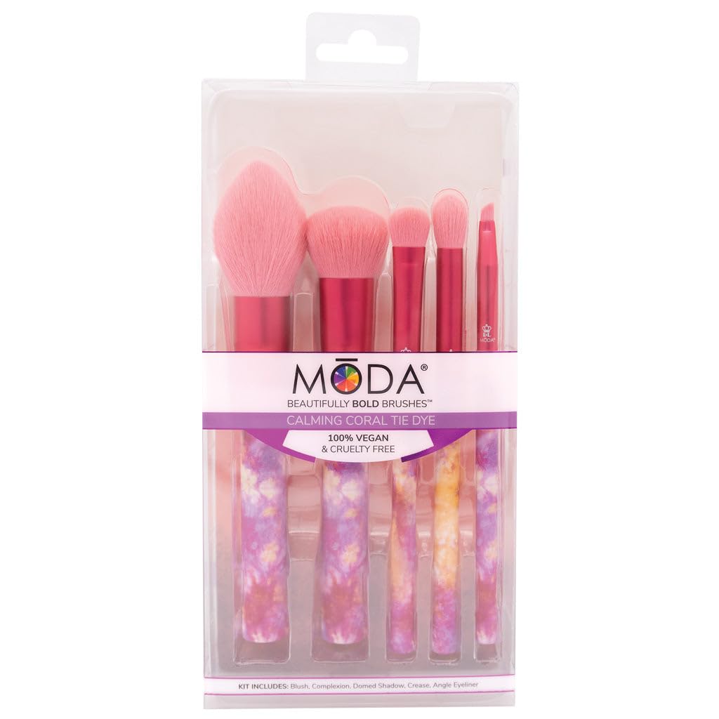 MODA Tie Dye, 5pc Full Face Makeup Brush Set, Includes - Blush, Complexion, Shadow, Crease, & Liner Brushes, Calming Coral