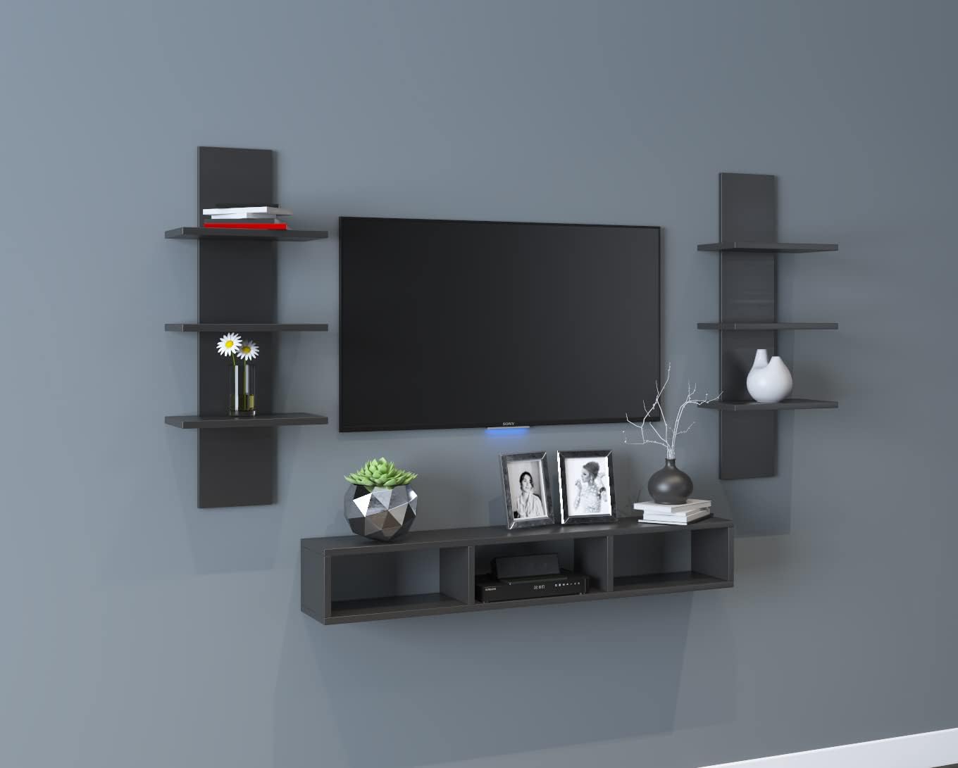 Furnifry Wooden TV Entertainment Unit with 2 Wall Shelf for TV Upto 42in (Black)