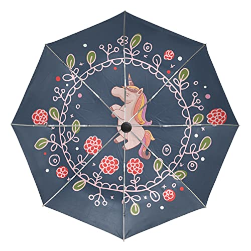 Parapluie coupe-vent et automatique à motif licorne bleu pliant