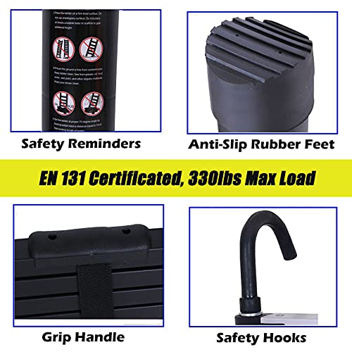 16.4Ft Step Ladder Aluminum Telescoping Ladder With Detachable Roof Hooks, Black, 330Lbs Load Capacity, Heavy Duty Portable Collapsible Folding Ladder 13 Steps Adjustable Height, Space Saving #TOP7