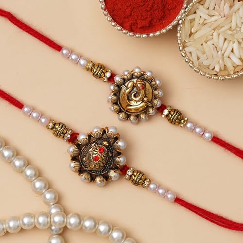 Image of eCraftIndia Set of 2 Lord Ganesha and Om Religious Rakhi for Brother Bhaiya Bhai | Roli Chawal Pack