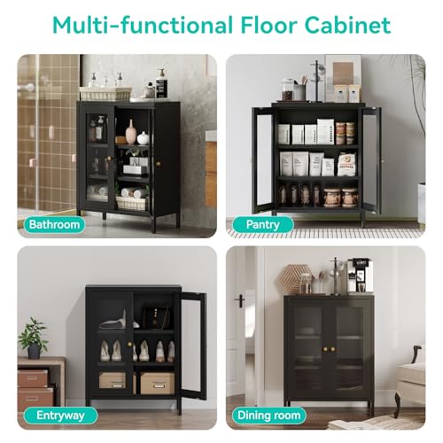 Image of Small Metal Cabinet with Glass Doors,Display Storage Cabinet with 2 Adjustable Shelves for Bathroom Entryway Living Room Dining Room Kitchen,3-Tier,11.8 inch D x 23.6 inch W x 31.5 inch H, Black