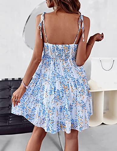 Mansy Womens Floral Mini Dress Boho Flowy Skater Dresses Short Sleeveless Ruffle Spaghetti Strap Dress Blue - Image 2