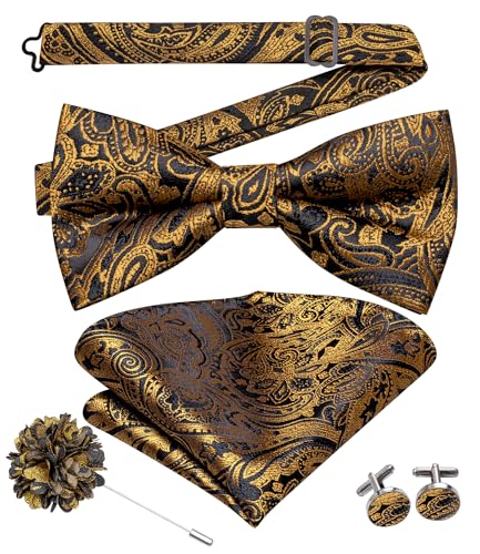 Image of Hi-Tie Bow Ties for Men Pre-Tied Pocket Square with Cufflinks Mens Bowtie Sets for Wedding Formal Party